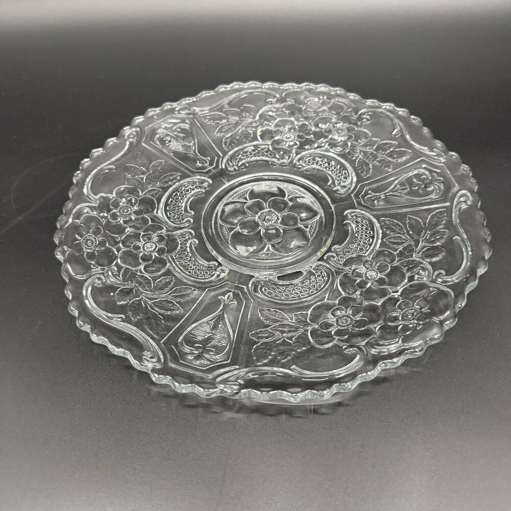 vintage 10.5" clear glass floral Cake Plate scalloped edge pressed glassware